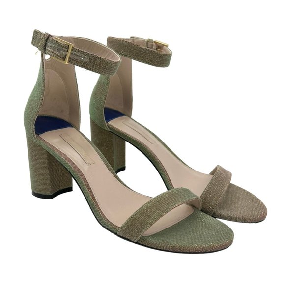 Stuart Weitzman Nearlynude Gold Glitter Heeled Sandals - Picture 1 of 11